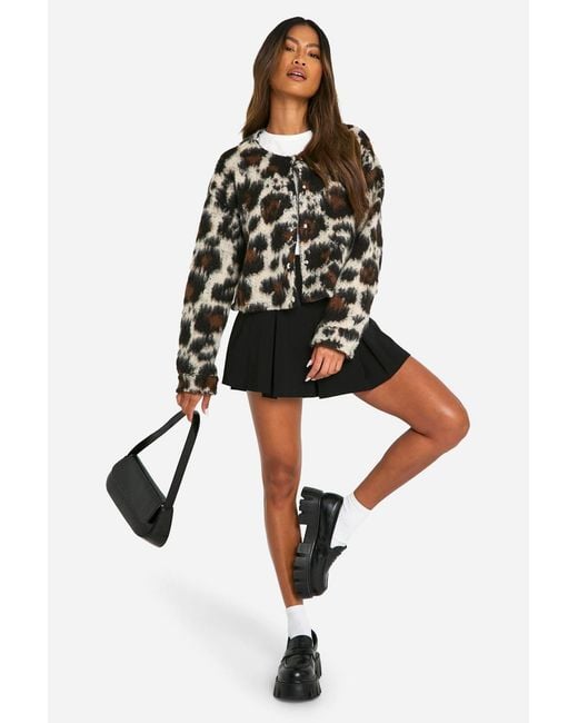 Boohoo Black Leopard Wool Look Bomber Jacket