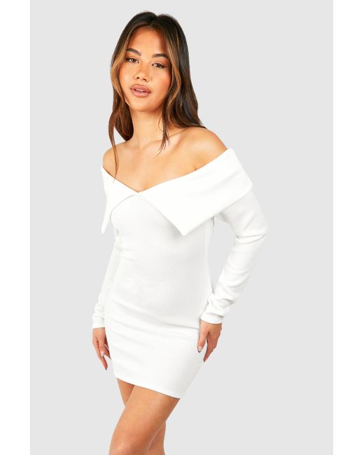 Boohoo White Bardot Heavy Rib Long Sleeve Mini Dress