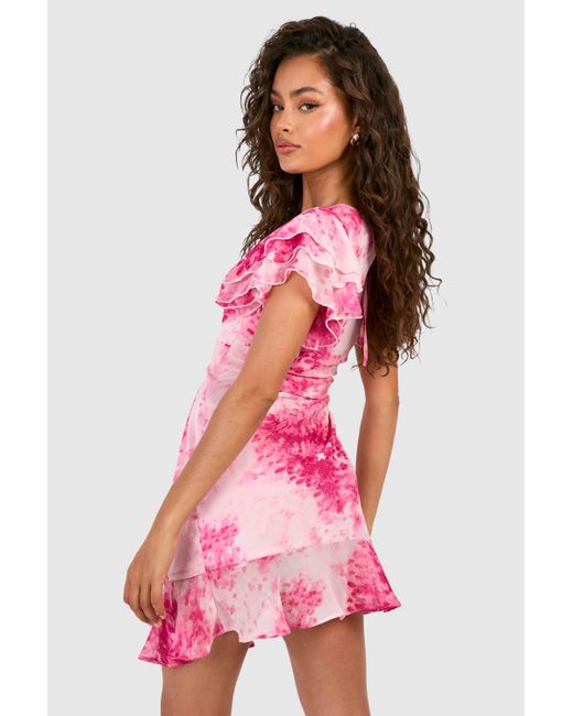 Boohoo Pink V Neck Floral Ruffle Hem Mini Dress