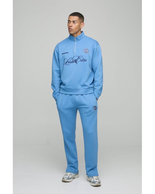 BoohooMAN Men's Blue Oversized Boxy Quarter Zip Embroidered Tracksuit