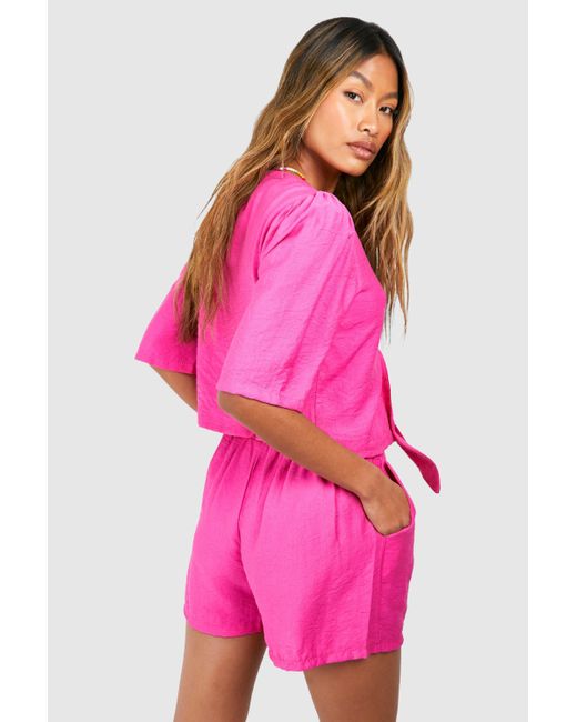 Boohoo Pink Textured Linen Look Knot Front Blouse & Flippy Shorts