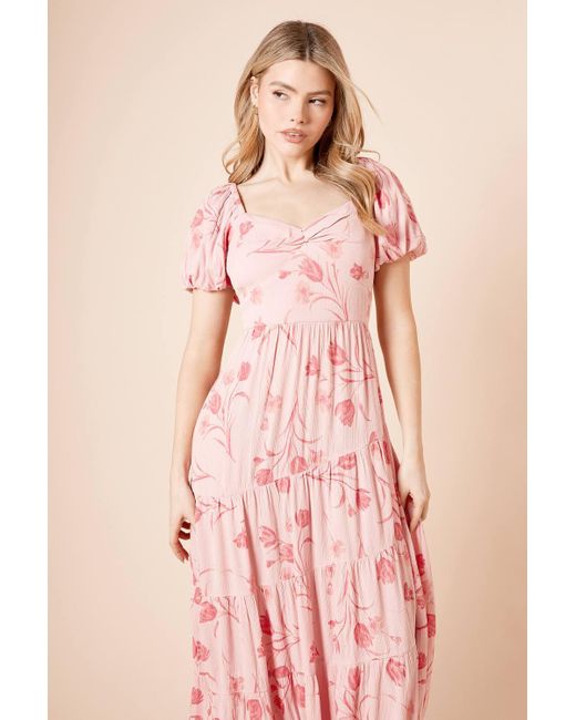 pink dress dorothy perkins Dorothy Perkins Tiered Puff Sleeve Twist Front Maxi Dress in Pink
