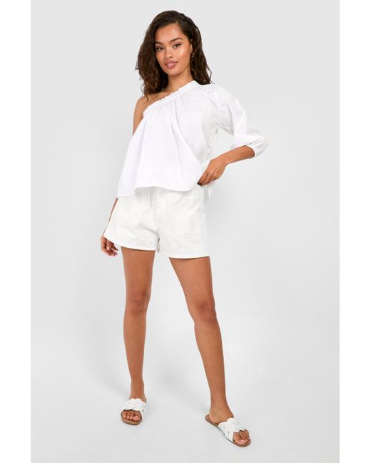 Puff Sleeve One Shoulder Top Boohoo de color White