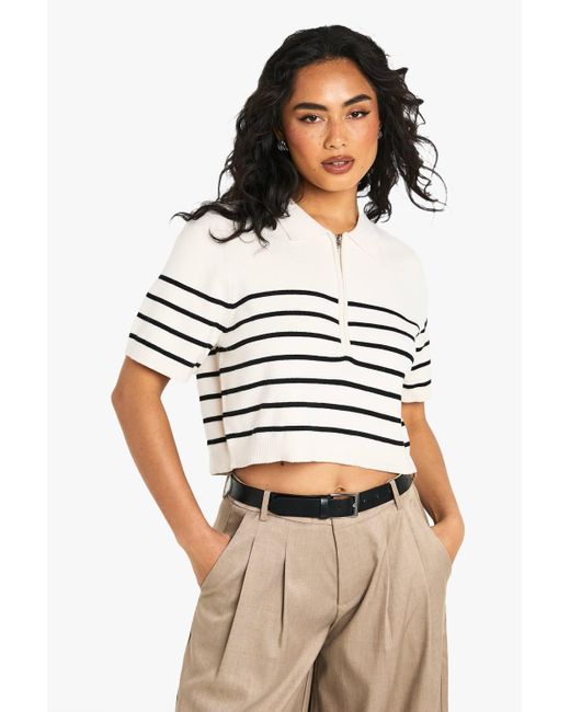 Boohoo White Stripe Oversized Zip Neck Knitted Top