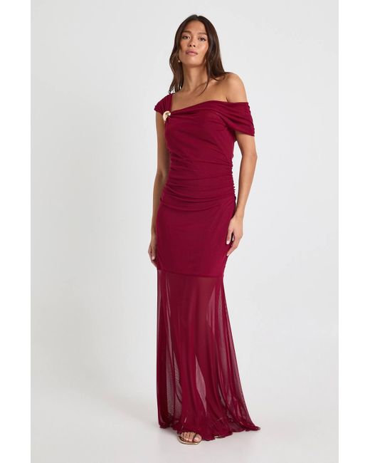 Boohoo Red Asymmetric Trim Mesh Maxi Dress