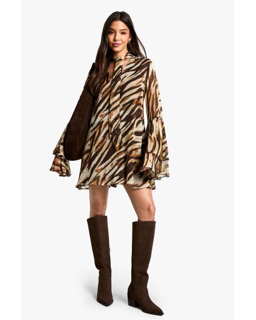 Boohoo Zebra Flare Sleeve Chiffon Smock Dress in Brown | Lyst
