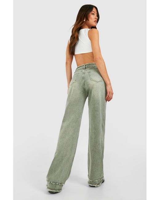 Boohoo Green Tall Fray Seam Detail Washed Straight Leg Jeans