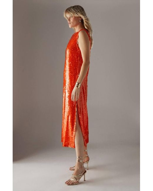 Warehouse Orange Sequin Shoulder Pad Sleeveless Column Midi Dress