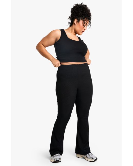 Boohoo Black Basics Plus Ribbed High Waisted Flare Pants