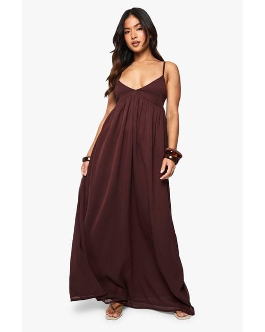 Boohoo Petite Chiffon Strappy Volume Maxi Dress in Red | Lyst