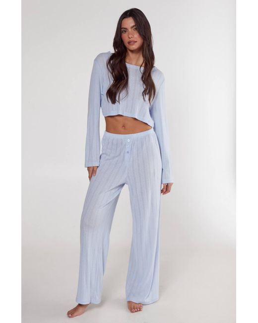 Nasty Gal Women's Blue Pointelle Long Sleeve Cropped Top And Trouser Pajama  Set