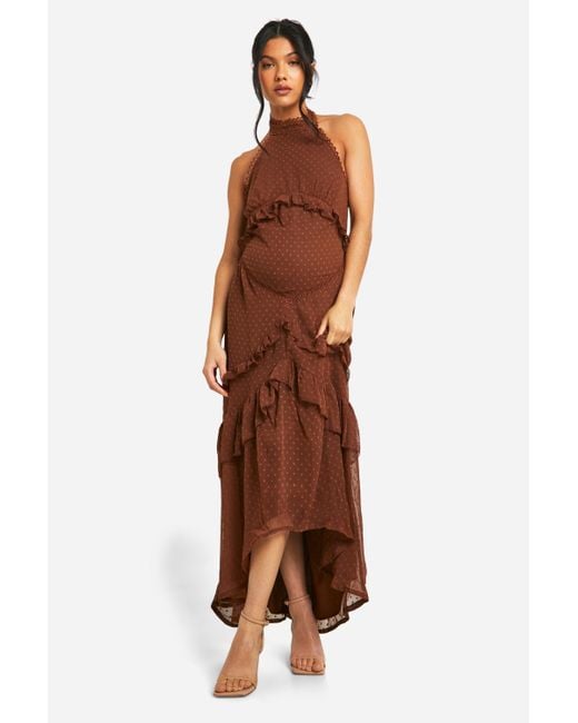 Boohoo Brown Maternity Dobby Halterneck Maxi Dress