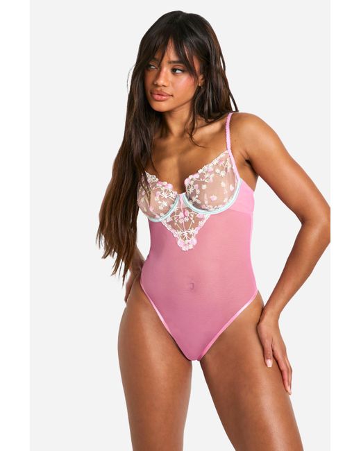 Boohoo Pink Strawberry Embroidered Detail One Piece