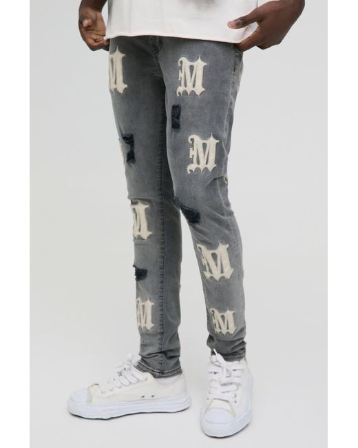 BoohooMAN Men's Gray Skinny Pu Applique Washed Denim Jeans