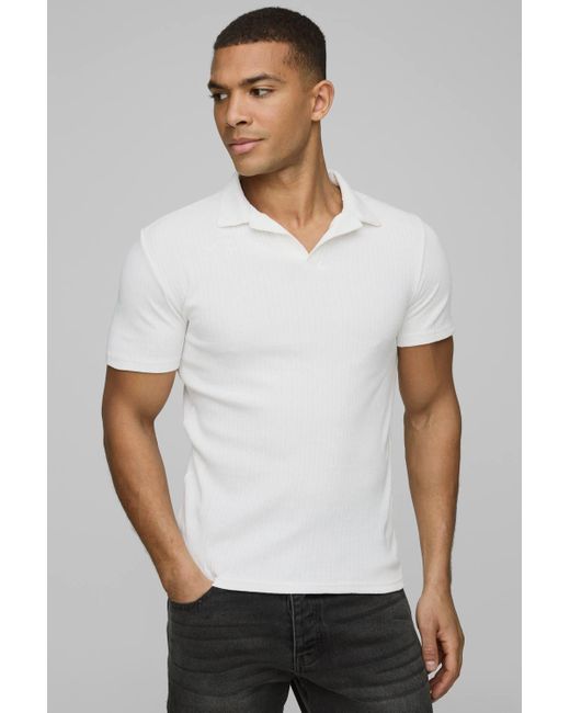 Boohoo White Textured Muscle Fit Revere Polo