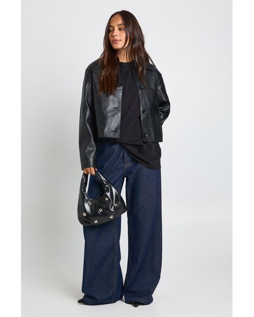 Boohoo Blue Collared Button Up Pu Jacket
