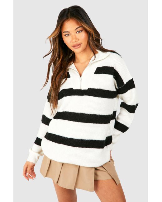 Boohoo White Half Zip Funnel Neck Stripe Sweater