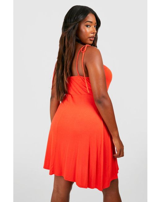 Boohoo Plus Jersey Knit Tie Strap Tie Front Skater Dress in Red | Lyst