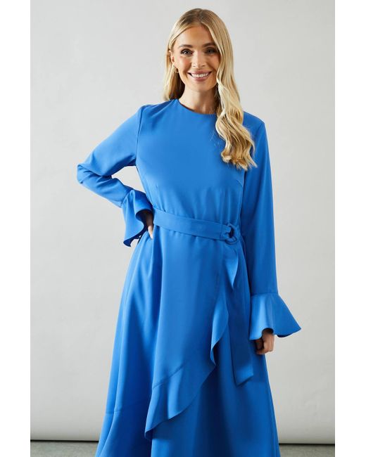 Wallis Blue Petite Ruffle Front Belted Midi Dress