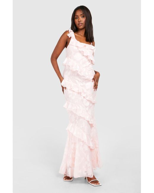 Boohoo Pink Textured Ruffle Asymmetric Maxi Dress