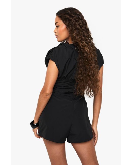 Boohoo Black Ruched Cap Sleeve Woven Romper
