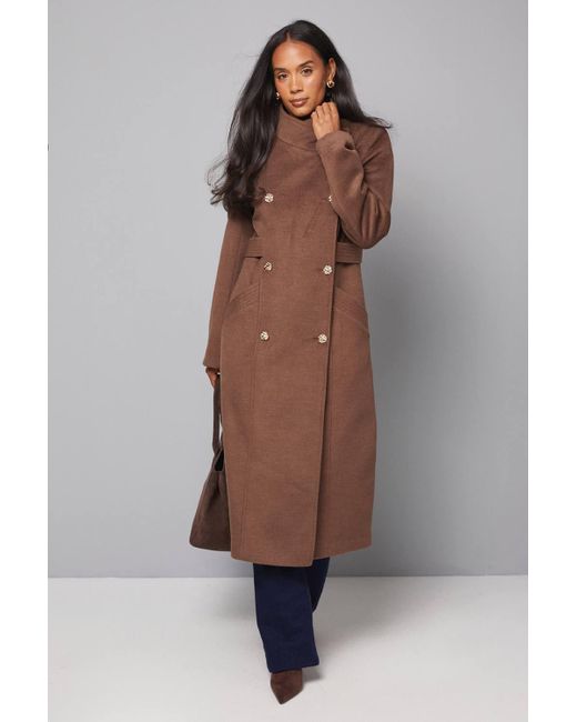 Wallis Brown Double Breasted Tab Detail Funnel Coat