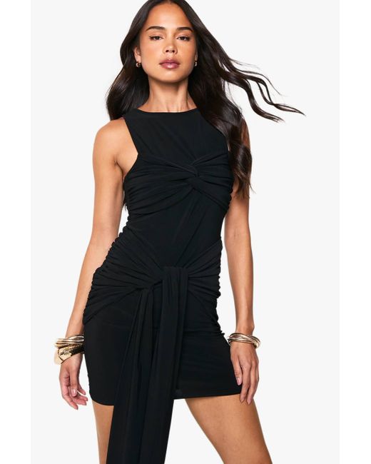 Boohoo Black Ruched Twist Detail Racer Neck Mini Dress