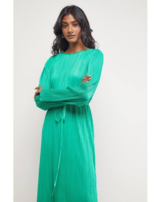 Warehouse Green Plisse Belted Column Midi Dress