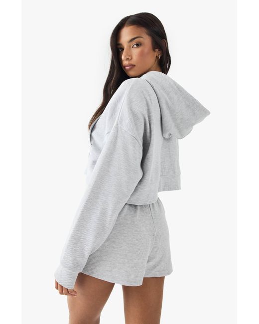 DSGN Studio White Waffle Zip Through Boxy Crop Hoodie