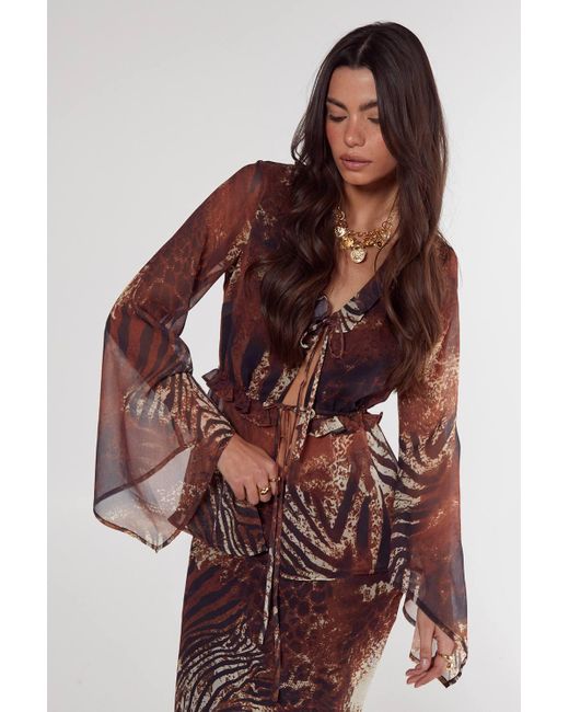 Nasty Gal Red Mixed Animal Crinkle Chiffon Ruffle Tie Front Blouse