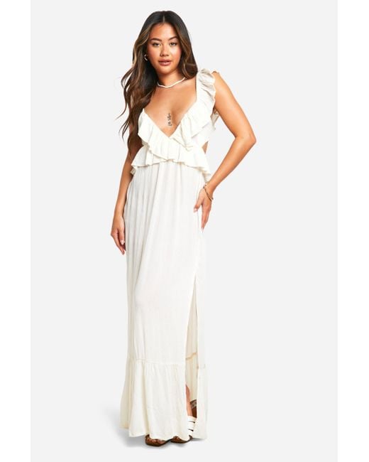 Boohoo White Cheesecloth Ruffle Plunge Maxi Dress