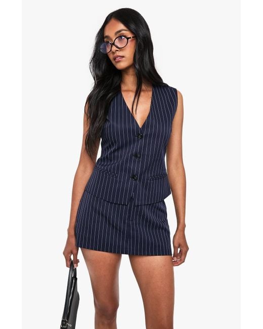Boohoo Blue Pinstripe Tailored Button Waistcoat