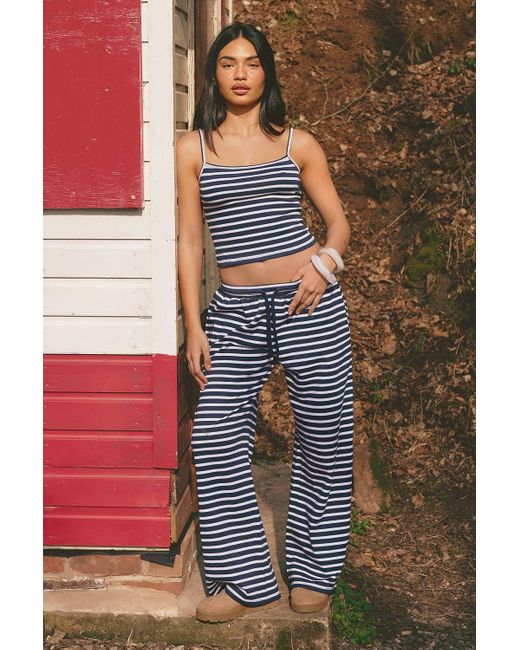 Boohoo Blue Stripe Rib Strappy Crop Cami Top