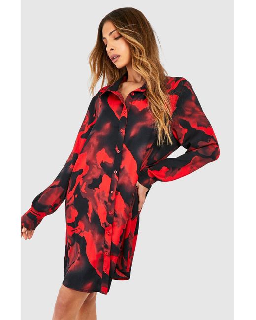 Boohoo Red Abstract Floral Print Shirt Dress