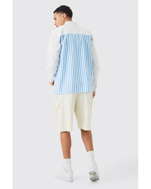 BoohooMAN White Oversized Long Sleeve Poplin Panel Stripe Shirt for men