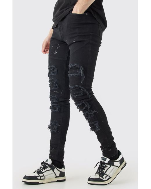 BoohooMAN Tall Super Skinny Pu Biker Rip & Repair Paint Splatter Jeans in Blue für Herren