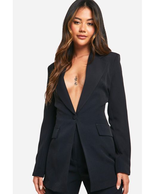 Boohoo Black Plunge Front Single Button Fitted Blazer