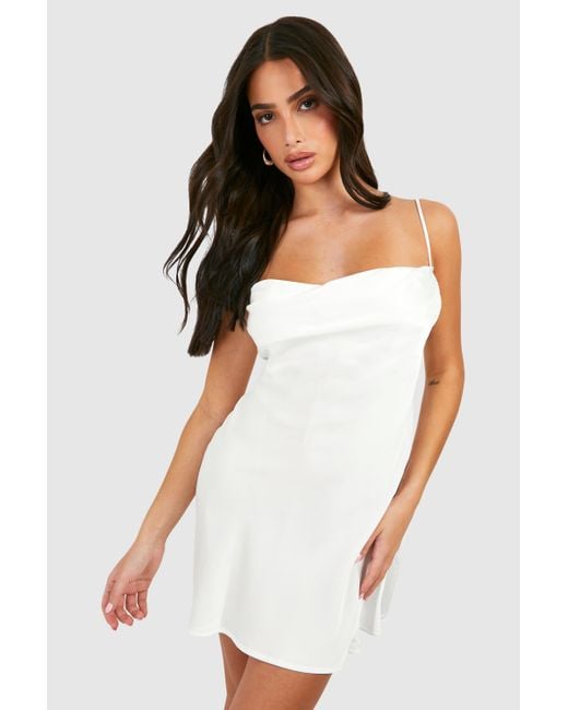 Boohoo White Petite Satin Cowl Mini Slip Dress