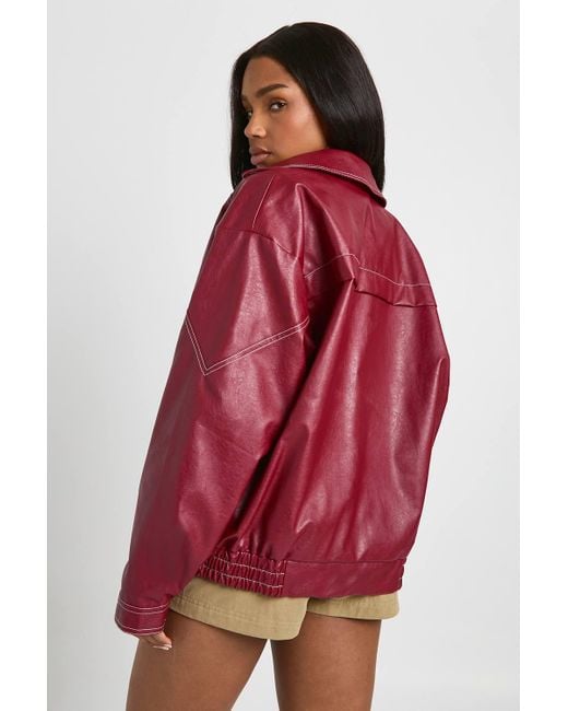 Boohoo Red Faux Leather Contrast Stitch Bomber Jacket