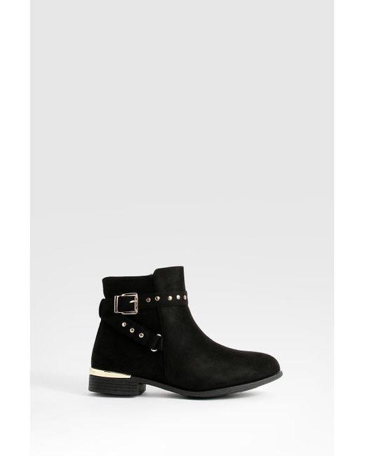 Boohoo Wide Fit Black Buckle Detail Patent Micro Ankle Boot