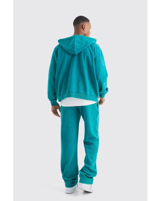 BoohooMAN Blue Oversized Man Boxy Zip Hooded Washed Tracksuit for men