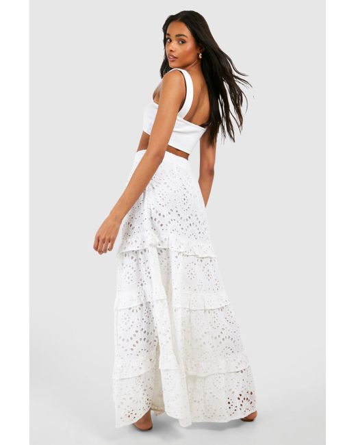 Boohoo White Tall Broderie Tiered Maxi Skirt