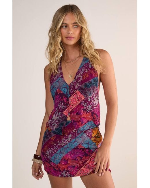 Nasty Gal Red Floral Patchwork Button Halter Neck Tank
