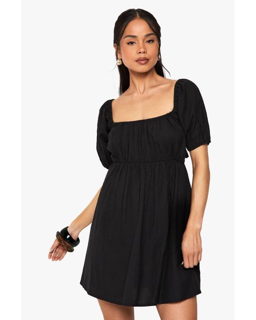 Boohoo Women's Black Linen Puff Sleeve Smock Mini Dress