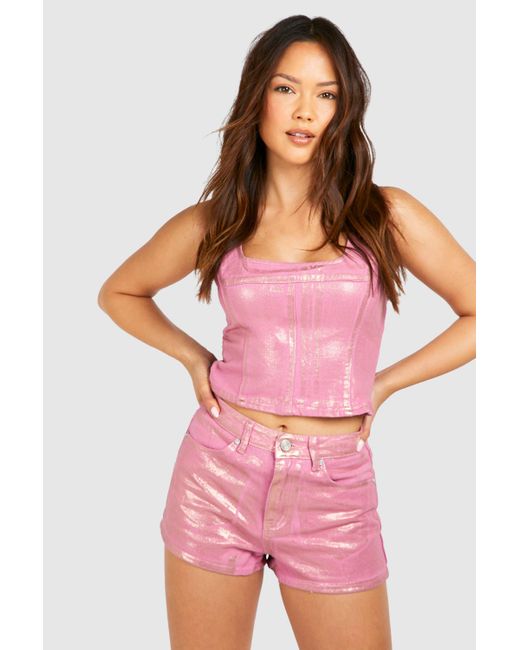 Pink Metallic Denim Shorts Boohoo