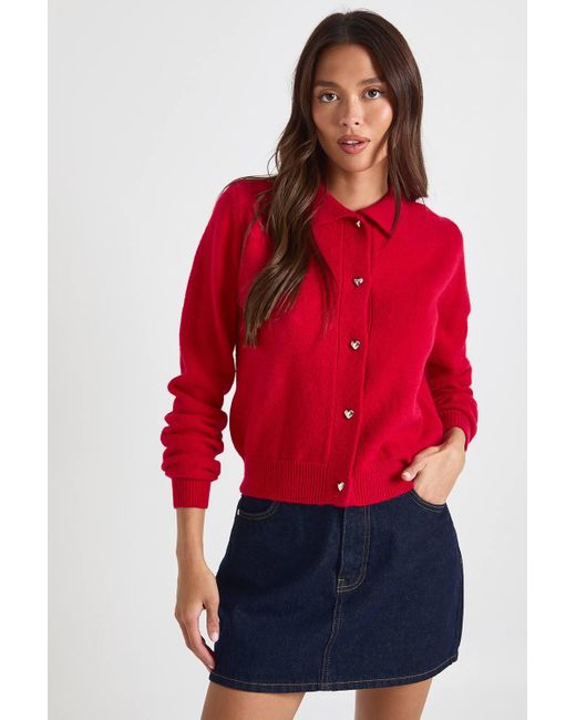 Boohoo Heart Button Collared Knitted Cardigan