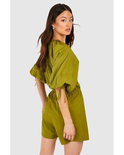 Boohoo Yellow Tall Cotton Ruched Sleeve Romper
