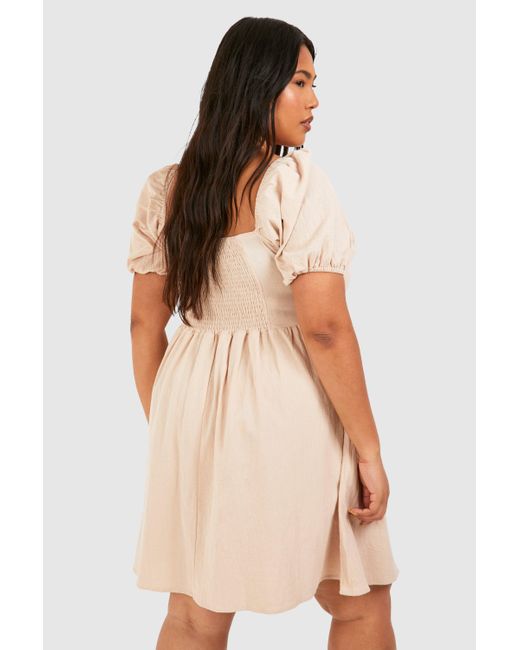 Boohoo Natural Plus Linen Puff Sleeve Mini Smock Dress