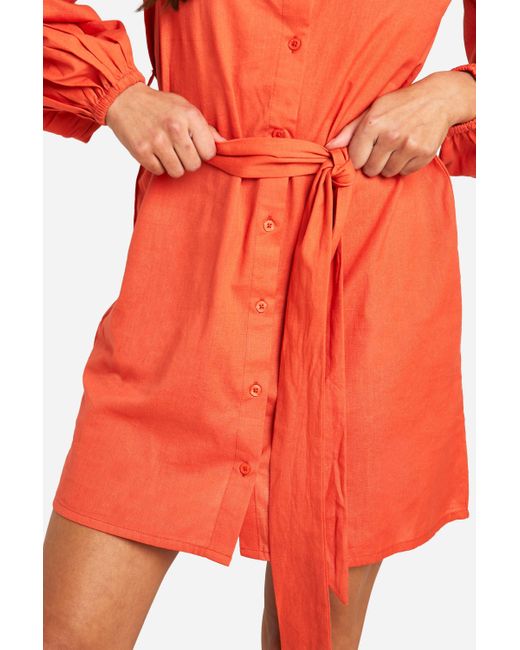Linen Wrap Shirt Dress Boohoo de color Orange