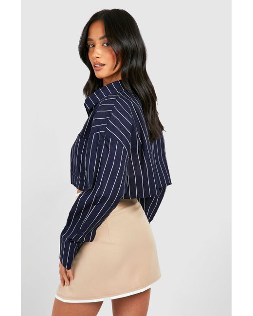 Boohoo Blue Petite Stripe Crop Shirt